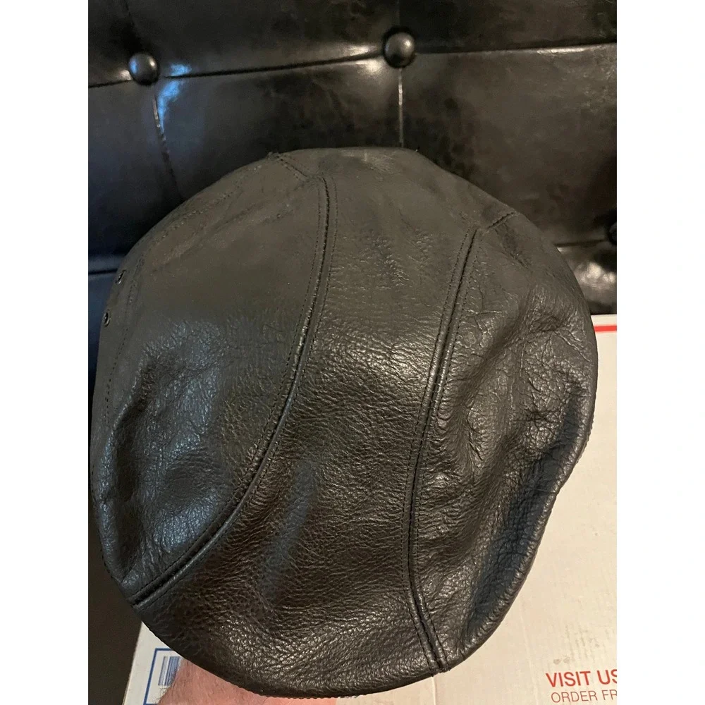 Mens Black Pebbled Leather Flat Cap Ivy‎ Newsboy Hat Paneled Driver Cap